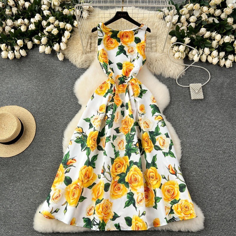 Moda Feminina Vintage Elegante Impressão Linha A Vestido Longo De Verão Cintura Alta Slim Sem Manga Vestidos De Festa