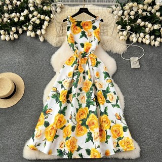 Moda Feminina Vintage Elegante Impressão Linha A Vestido Longo De Verão Cintura Alta Slim Sem Manga Vestidos De Festa