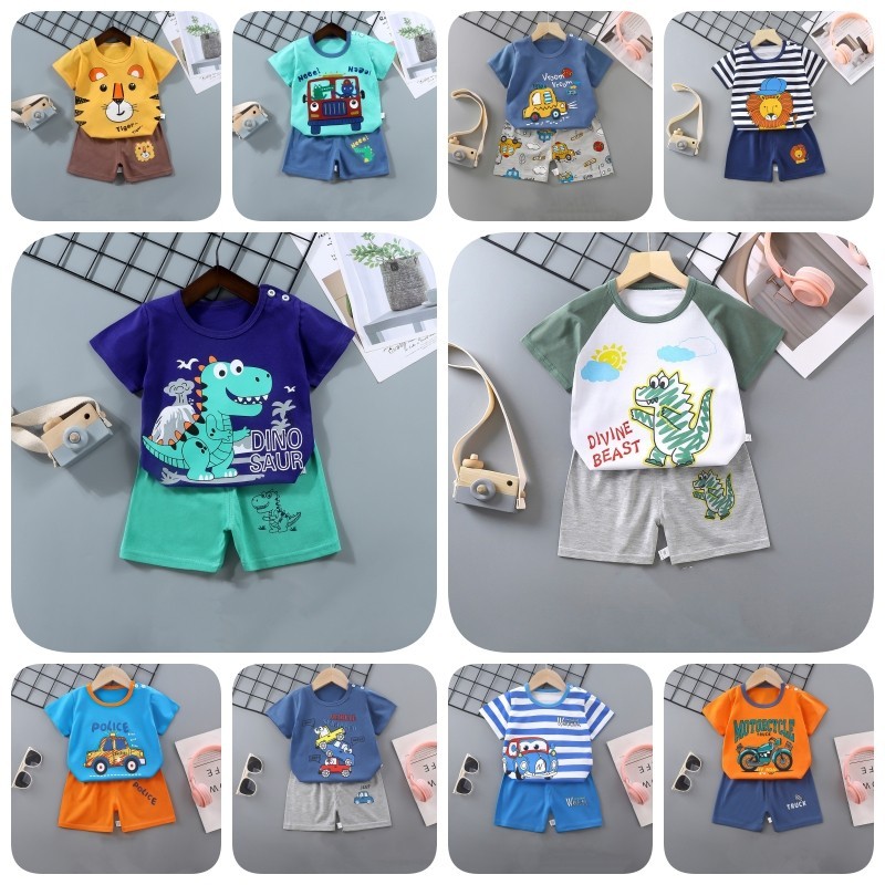 Verão Para Meninos Desenho Animado Leão/Tigre/Automóvel/Dinossauro Camiseta Estampada + Shorts 100 % Algodão Ternos