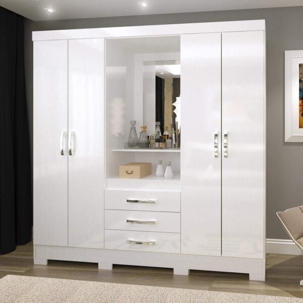 Guarda Roupa Casal com Espelho 4 Portas 3 Gavetas Bhappy Espresso Móveis Branco - Mom & Baby