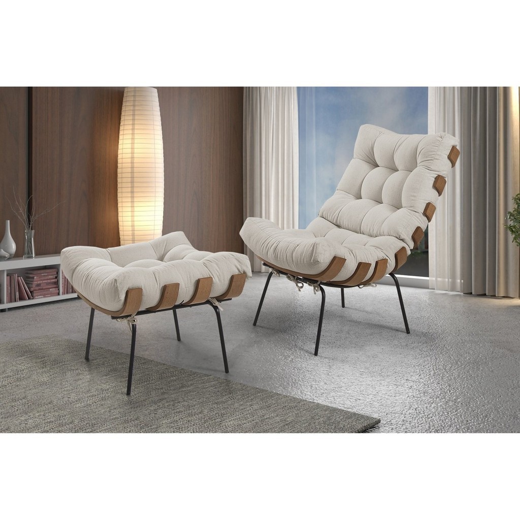 Poltrona com Puff Costela Linho Bege/Off White