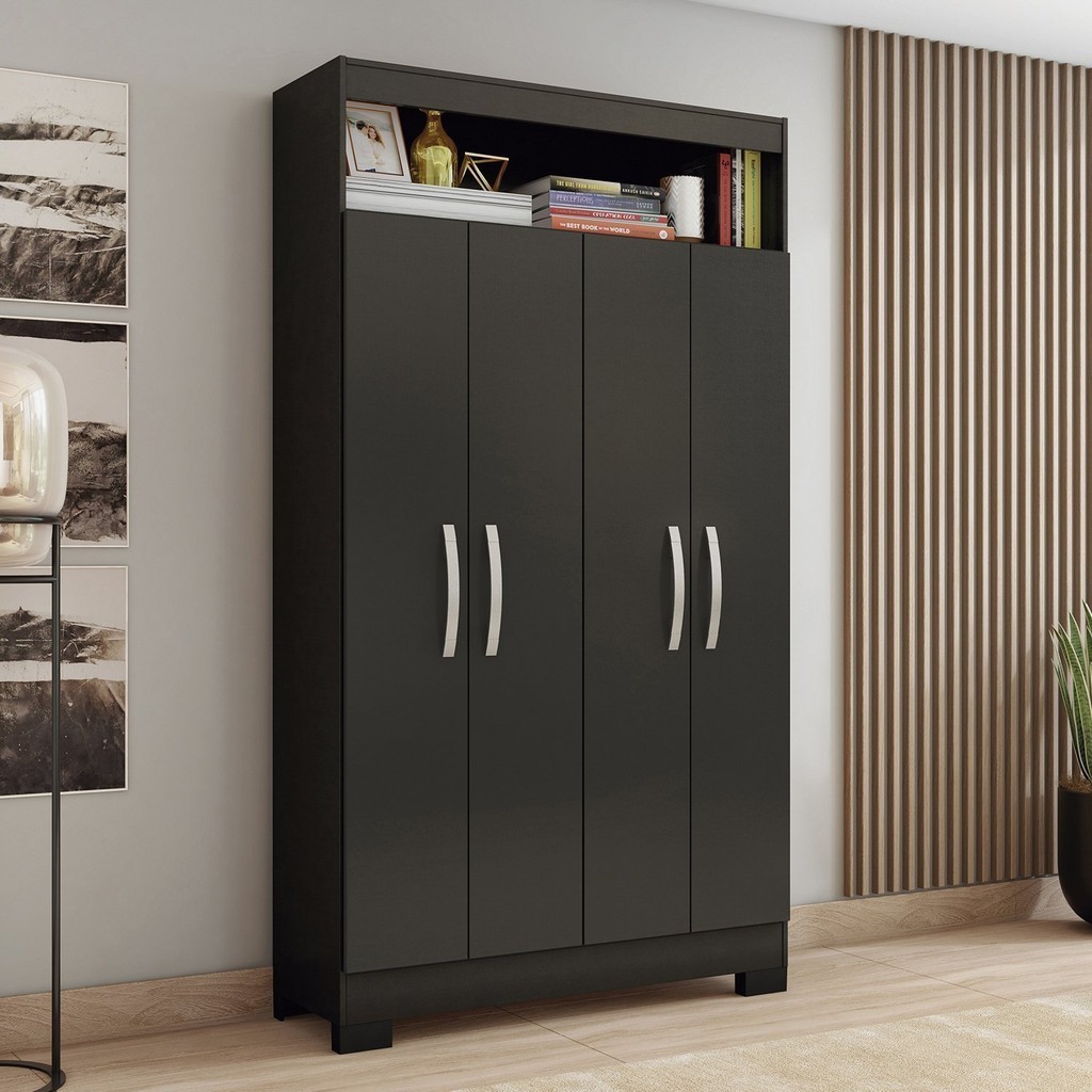 Armário Multiuso Escritório Nt4040 com 4 Portas e Nicho com Prateleiras Internas Preto Tx - Home & Living