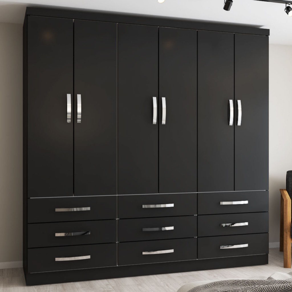 Guarda-Roupa Casal Dunas 6 Portas 9 Gavetas Preto - Pnr Móveis em Oferta na Shopee