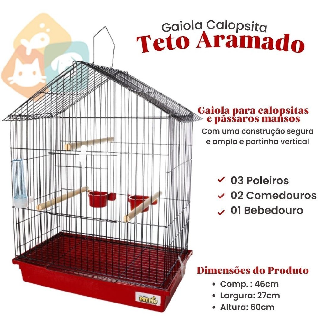 Gaiolas para Pássaros Gaiola Calopsita Aves Pet Piu Teto Aramado Black c/ Acessórios