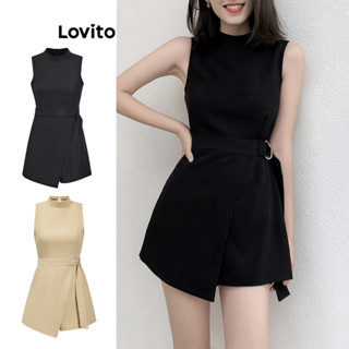 Lovito Casual Macacão Feminino Liso Falso 2-em-1 com Cinto L74ED346(Multicolorido)