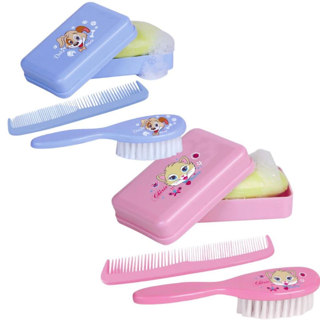Kit Banho Petita com escova,pente e saboneteira.