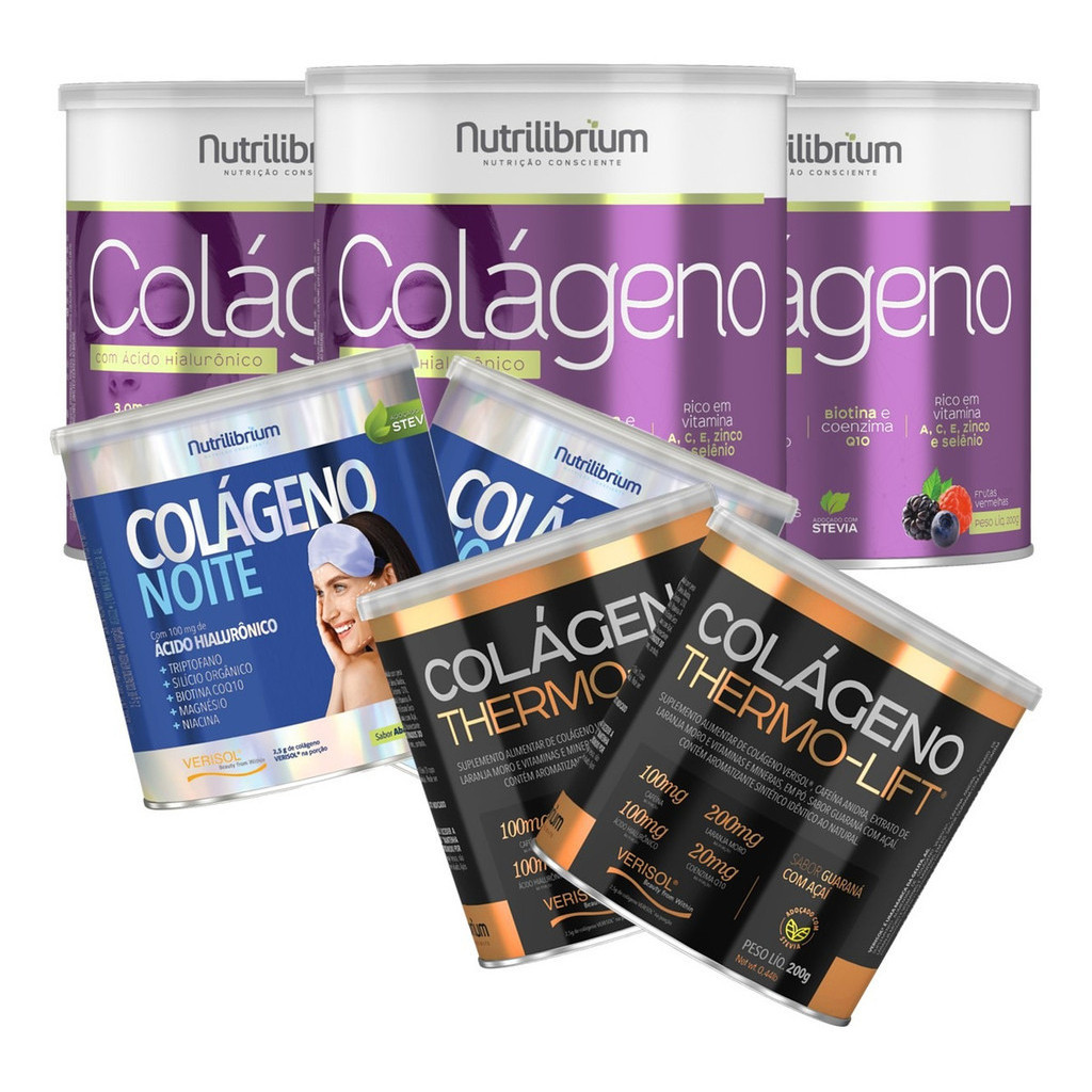 Kit 3x Colágeno Verisol + 2x Colágeno Thermo Lift + 2x Colágeno Noite Nutrilibrium em Oferta na Shopee