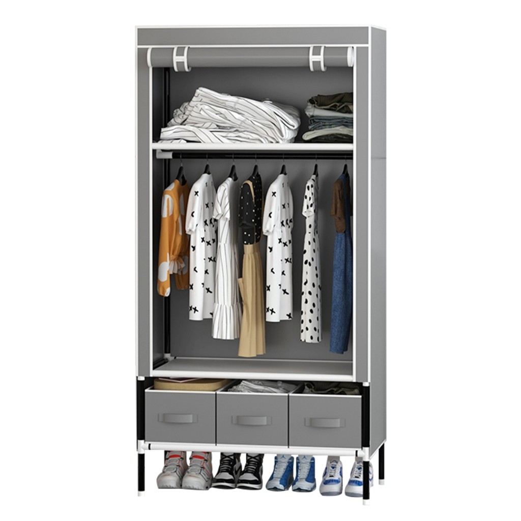 Arara Cabideiro de Roupas com Sapateira Prateleiras Organizador Multiuso em Aço Inox Preto【1】