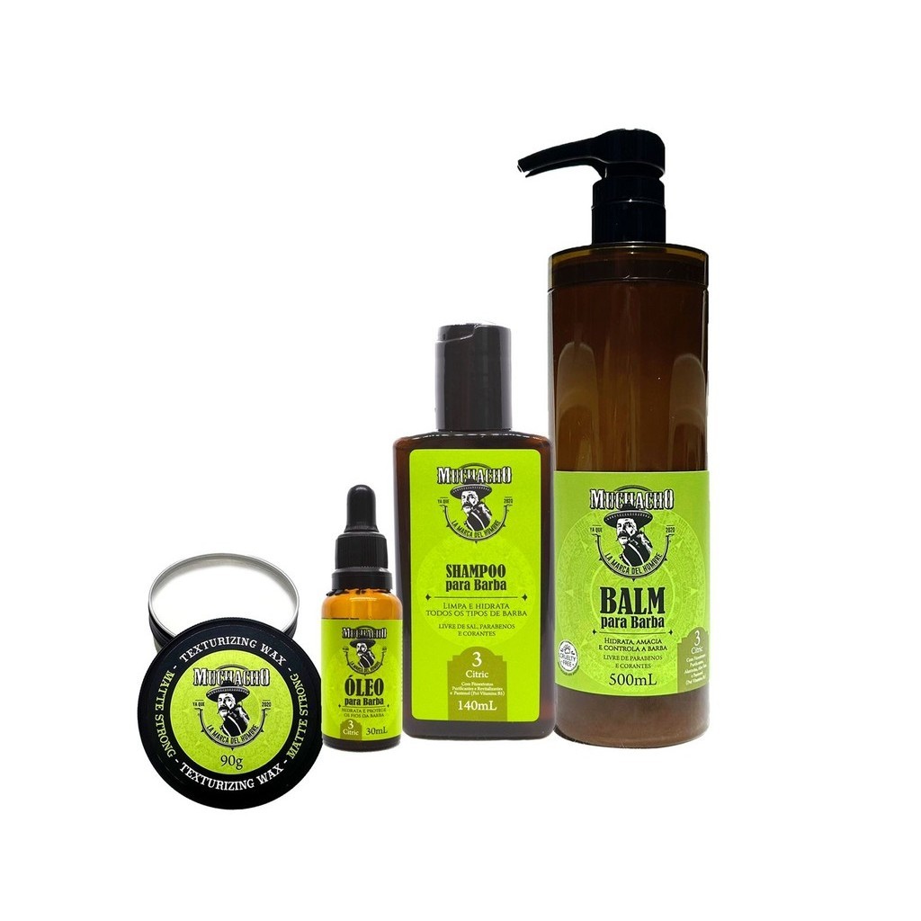 Kit Completo Barba e Cabelo - Shampoo, Balm de 500ML e Óleo para Barba + Pomada Matte Efeito Seco Muchacho Citric