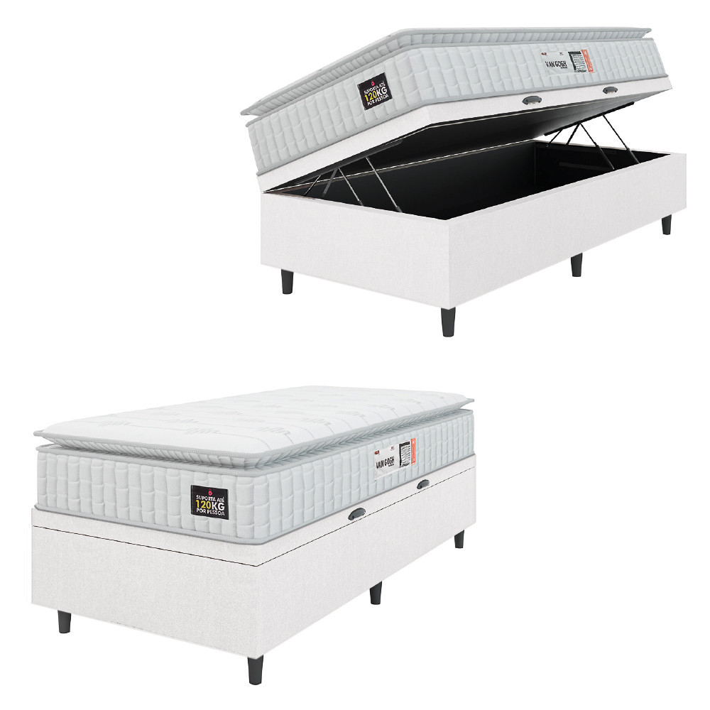 Cama Box Baú Colchão Solteiro Espuma D33 Vangogh Pillow Top 88x188x70cm Linho Branco Hellen em Oferta na Shopee