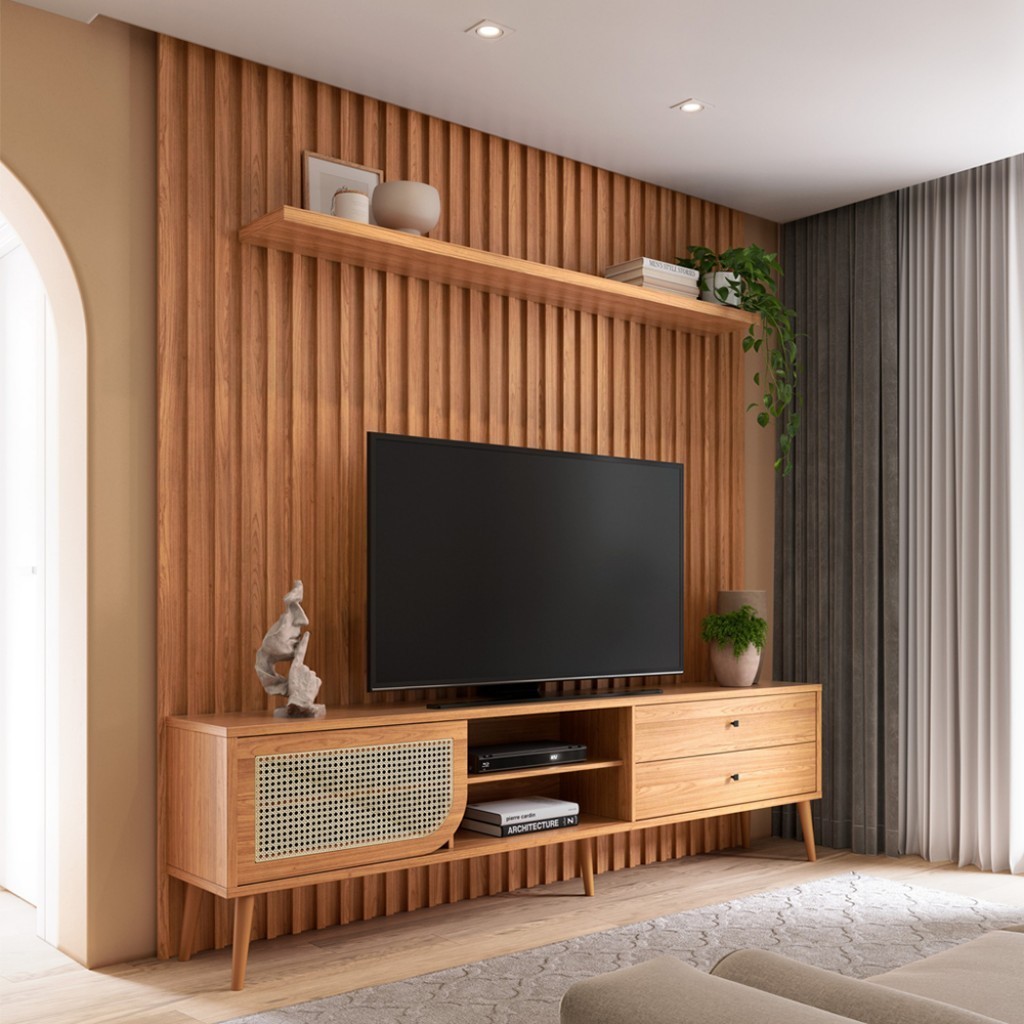 Rack com Painel para TV Até 75 Polegadas 2 Gavetas 1 Porta Ripado Freijó - Dalla Costa em Oferta na Shopee