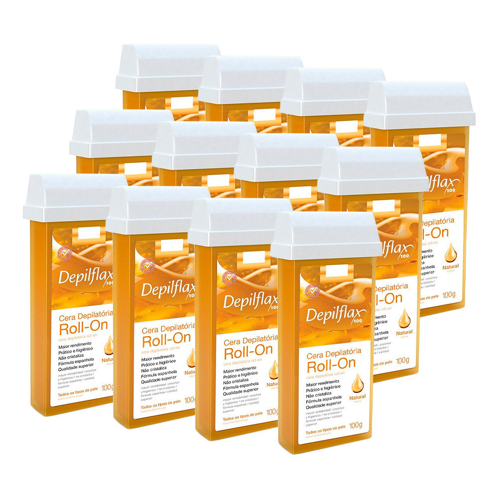 Kit 12 Refil Ceras para Depilação Roll On Quente Natural Mel Depilatória 100g Depilflax