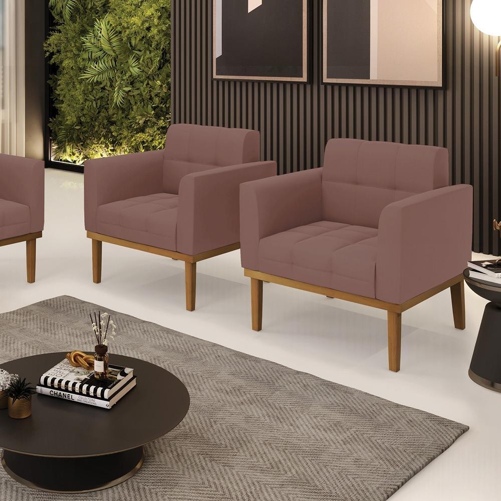 Kit 2 Poltronas Decorativas Karen Pés Fixo em Madeira Castanho Veludo Rose G19 - Gran Belo