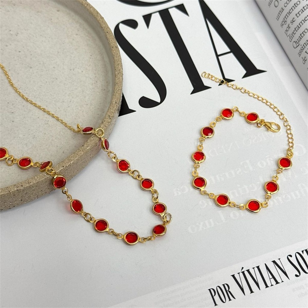 Colar e Pulseira Pedra Rubi Vermelha Banhado a Ouro 18k