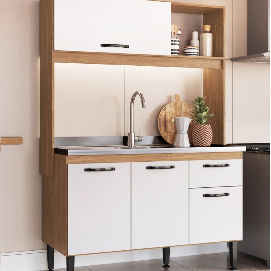 Cozinha Compacta 4 Portas 1 Gaveta 1 Nicho Katy Freijó/Branco em Oferta na Shopee