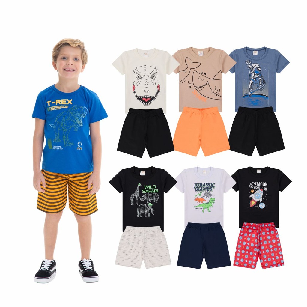 Kit 4 Peças Roupas Infantis Menino 2 Camisetas + 2 Bermudas - Kit 2 Conjuntos Sortidos Moda Infantil Verão Bebê