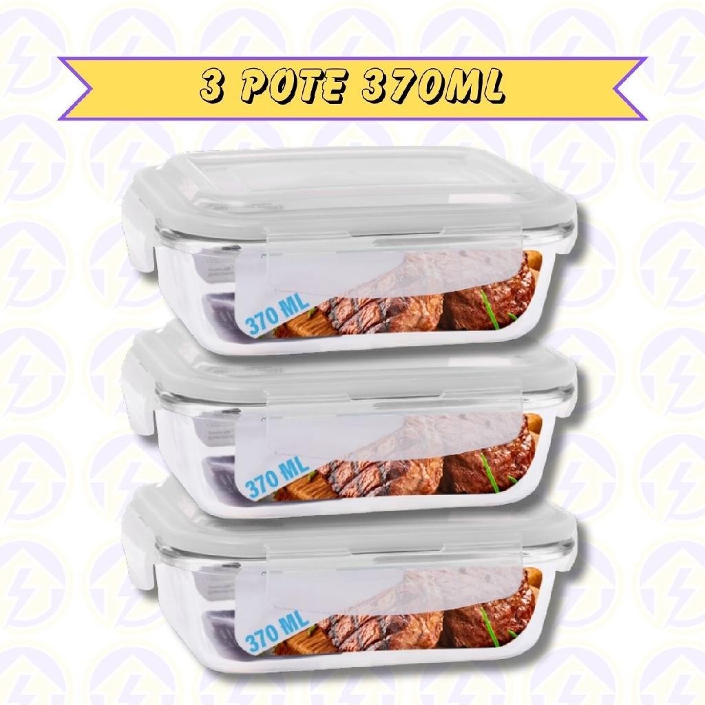 Jogo c/ 3 Potes de Vidro Hermetico p/ Freezer Forno Airfryer