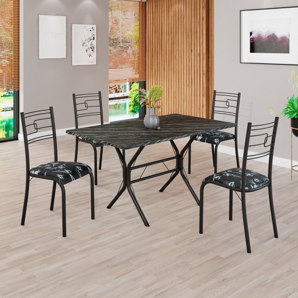 Conjunto Sala de Jantar Mesa Retangular 120x75cm Tampo Pedra Ardósia Indiana 4 Cadeiras Paraty Preto Floral/Preto Fosco em Oferta na Shopee