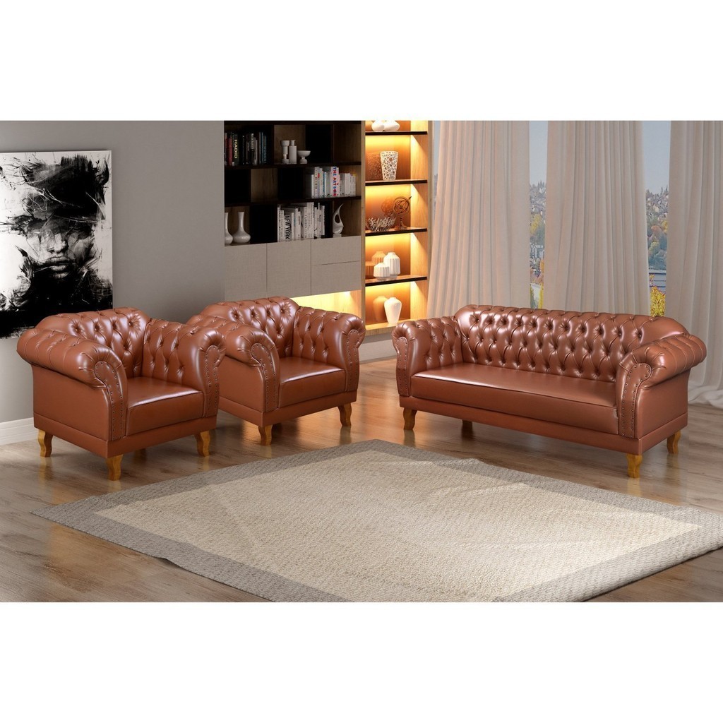 Conjunto Sofá e Poltronas Chesterfield Duque Yescasa Caramelo