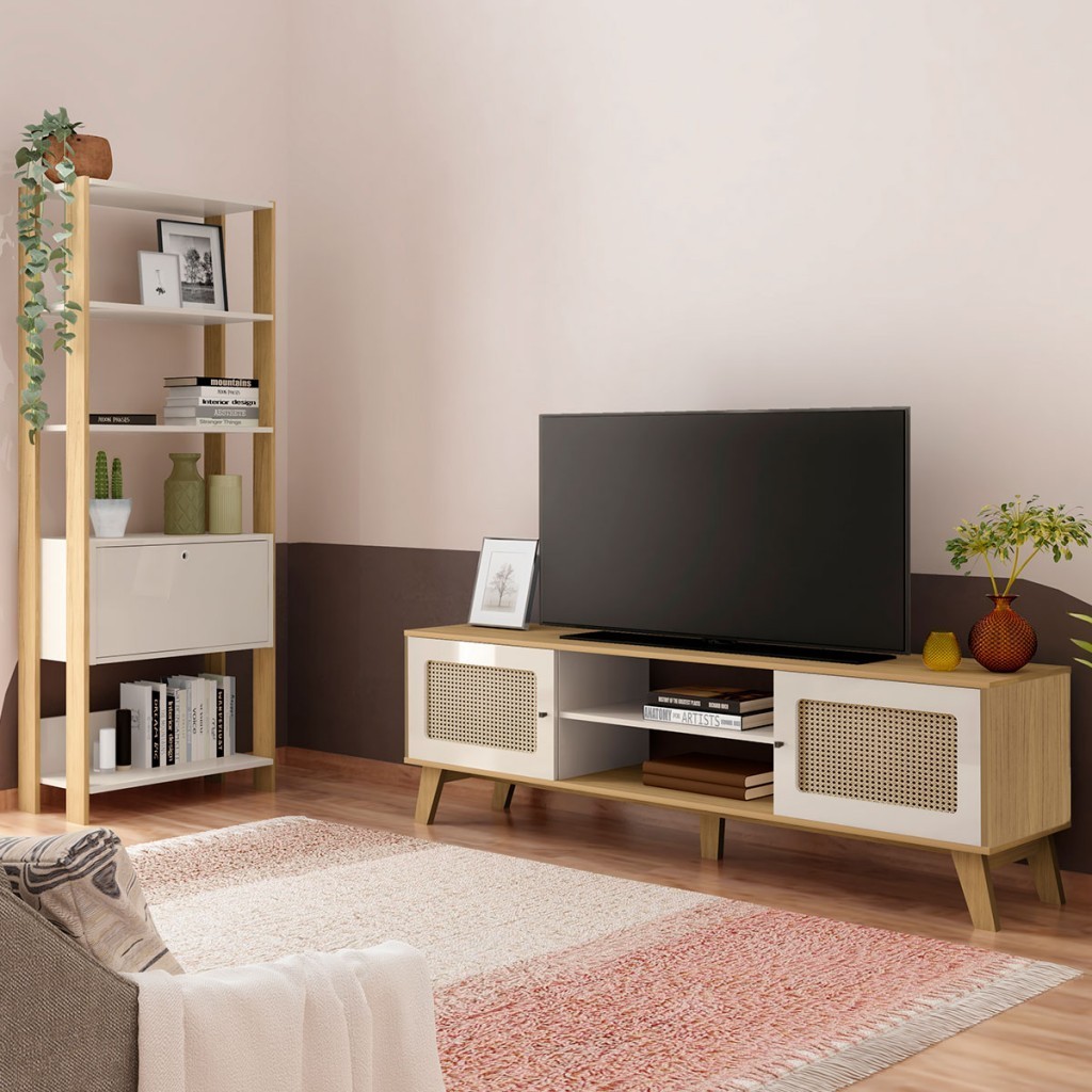 Sala de Estar Completa para TV Até 75 Polegadas Charlotte 3 Portas 4 Prateleiras Carvalho/Off White - Artely Móveis em Oferta na Shopee