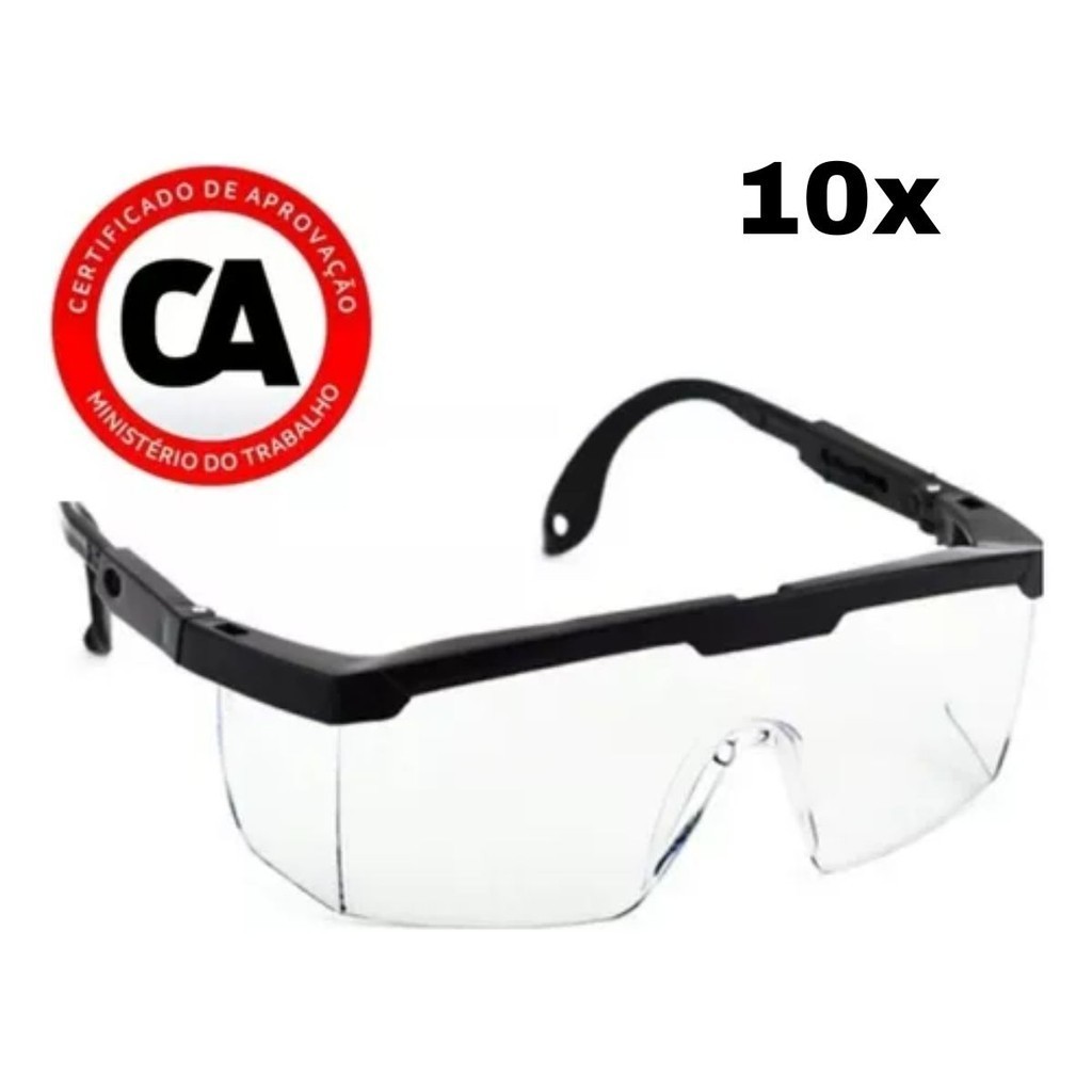 Kit 10 Óculos de Proteção e Segurança Rj Incolor EPI Haste Reforçada Regulável