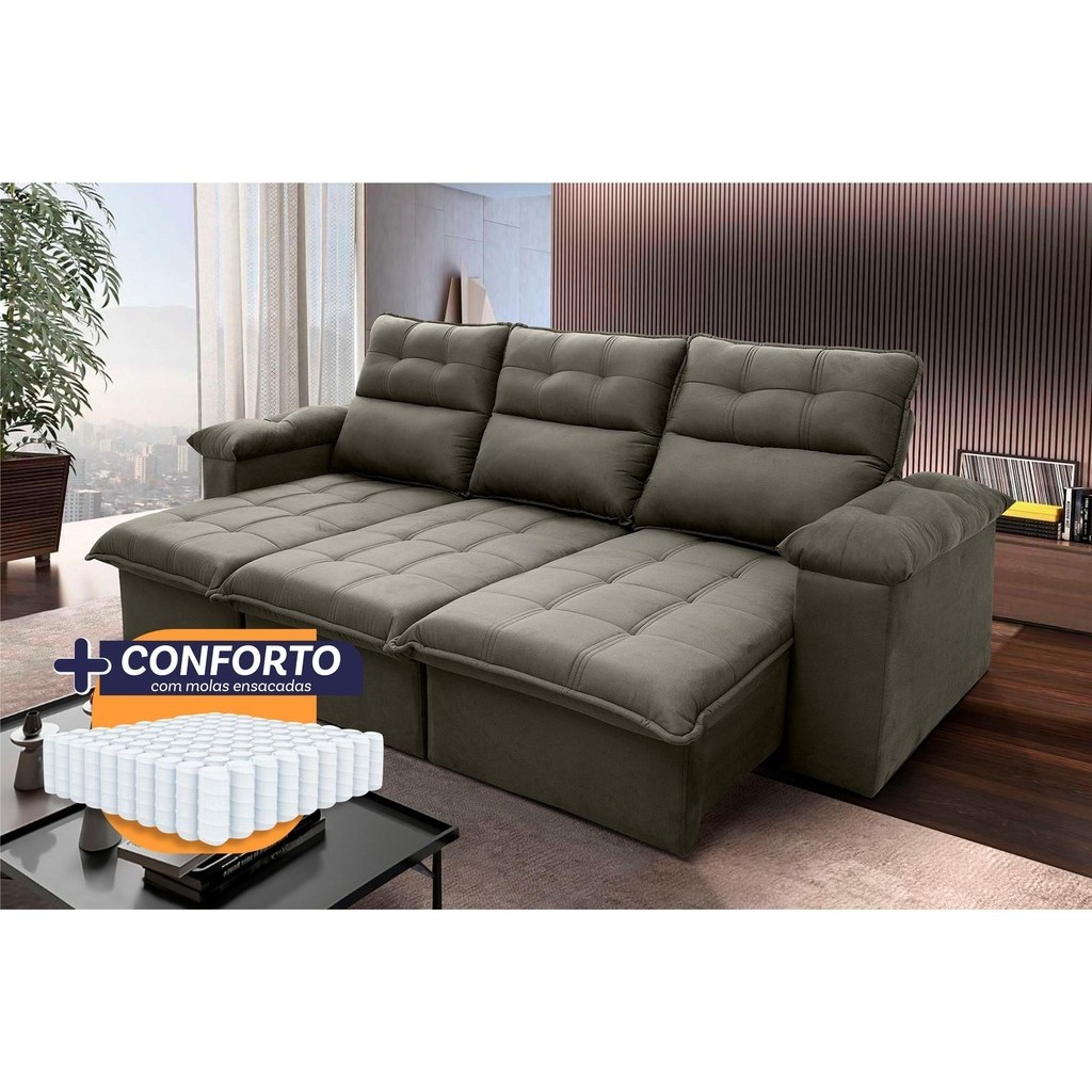 Sofá Retrátil/Reclinável Verona 2,30m Suede Velut Tabaco c/ Molas Ensacadas - King House em Oferta na Shopee