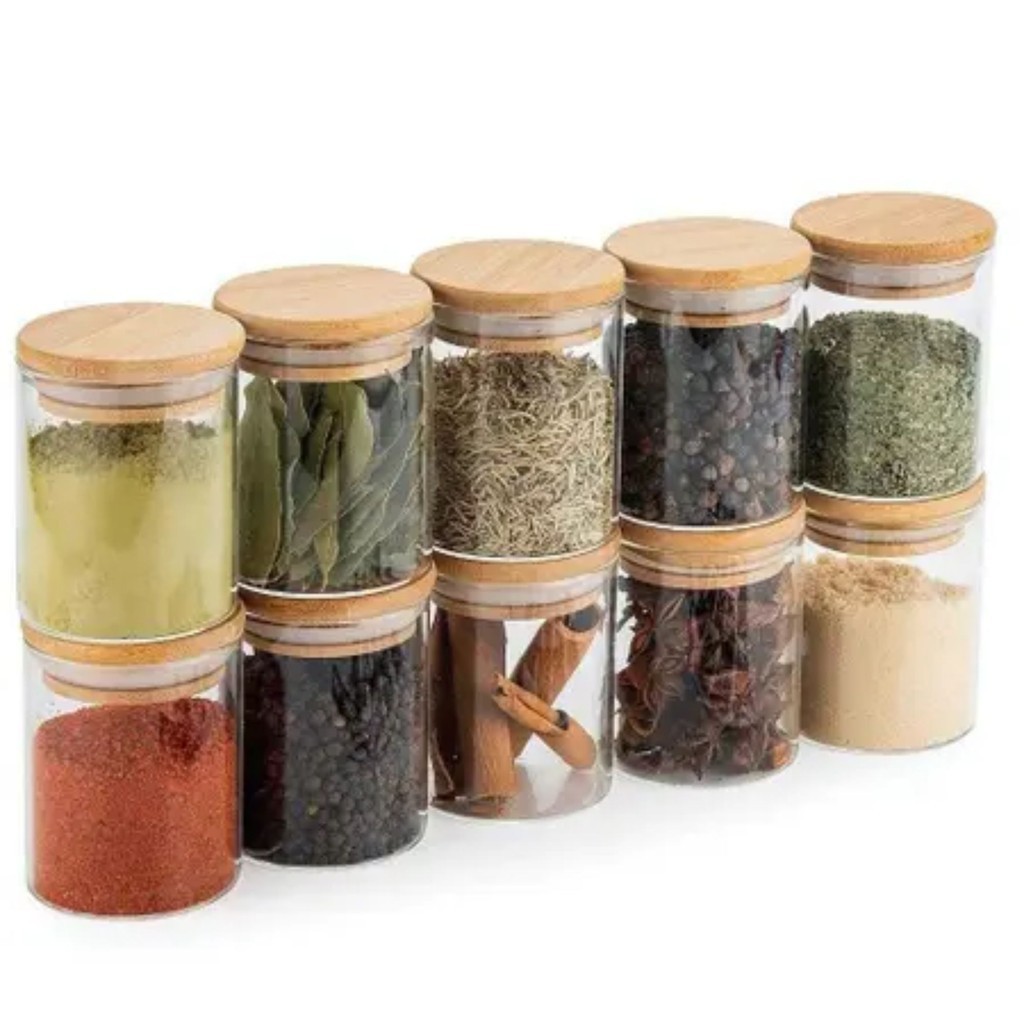 Kit 10 Pote Porta Temperos Mantimentos 110ml Design Sofisticado Tampa De Bambu Hermético