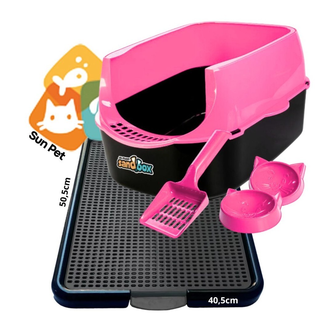 Caixa De Areia Para Gato SandBox KIT c/ Tapete Coletor de Areia 2D para saída de caixa + Comedouro / Bebedouro e PÁ
