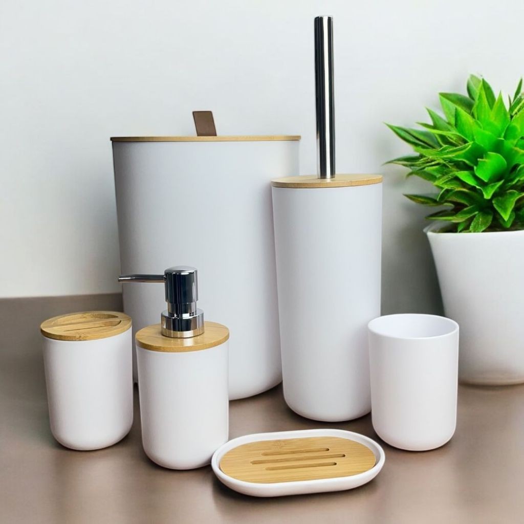 Kit Banheiro Conjunto 6 Peças Completo Lixeira com Tampa Basculante Bambu Lavabo Escova Sa...