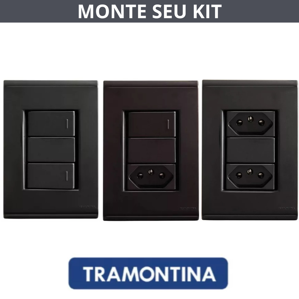 Conjunto de Tomadas E Tecla Interruptor Com Placa 4X2 Preta/Grafite I Linha Liz I Tramontina
