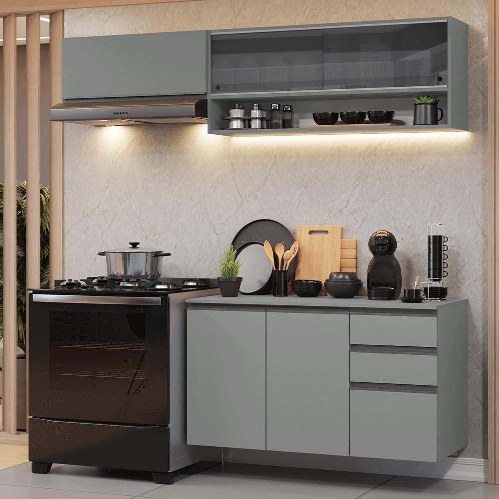 Armário de Cozinha Compacta Suspenso 200cm Cinza Nice Madesa 12 em Oferta na Shopee