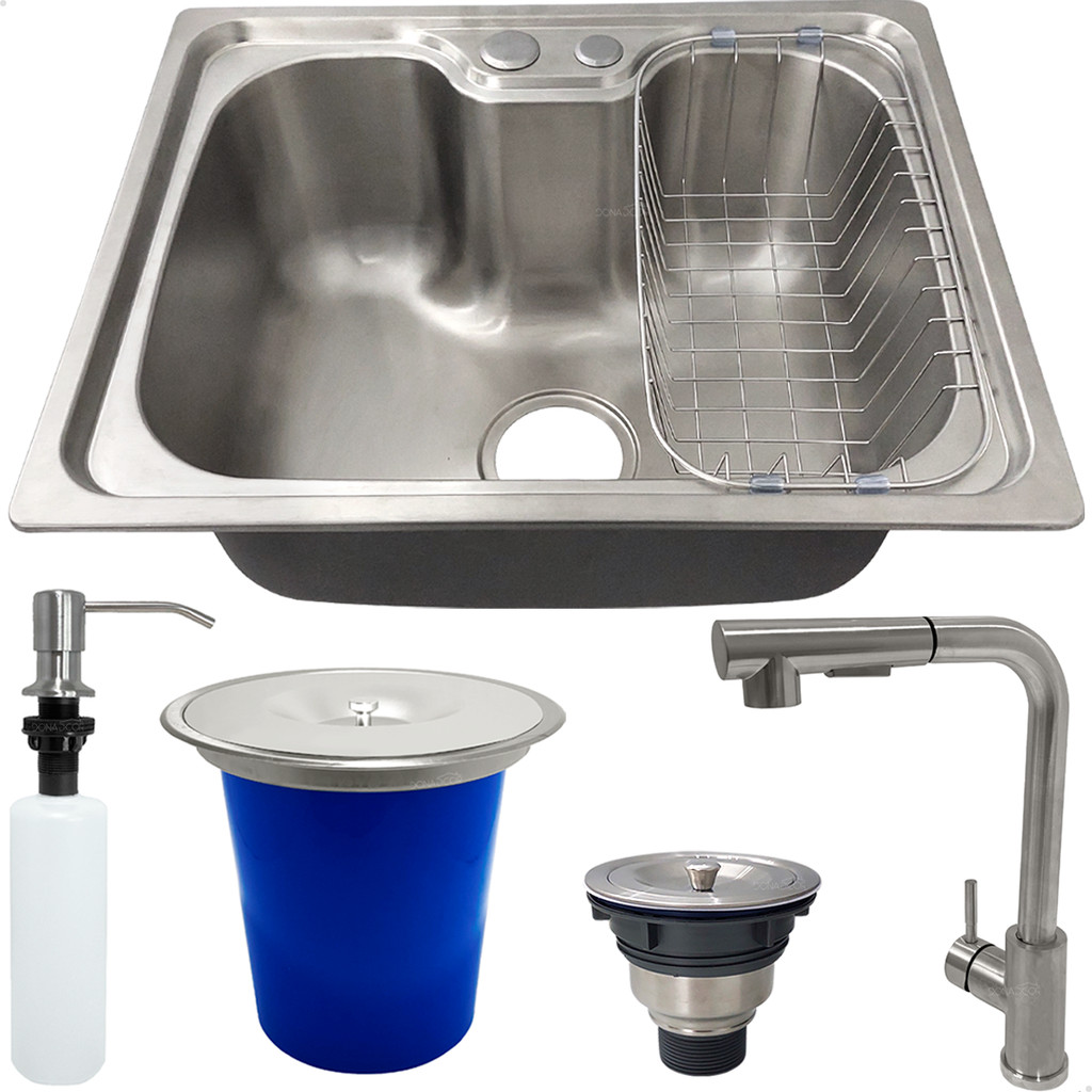 Kit Cozinha Cuba Gourmet Inox 304 50x40 Torneira 90° Lixeira 5 Litros Dispenser 500ml Valvula Sifao