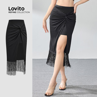 (Lovito Refine) Saia Boho Plain Double Layer Fringe Twist para mulheres LR2ED005 em Oferta na Shopee