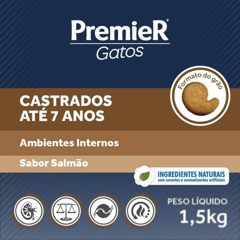 Detalhes do Ração PremieR Ambientes Internos gatos castrados até 6 anos salmão 1,5kg