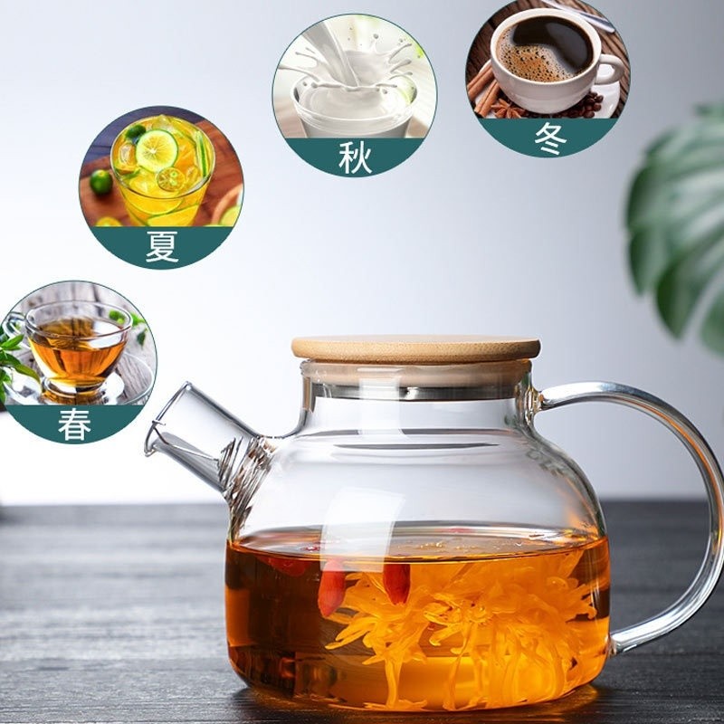 Chaleira de Vidro Tampa de Bambu Jarra Bule infusor Resistente a Calor Borossilicato 1L