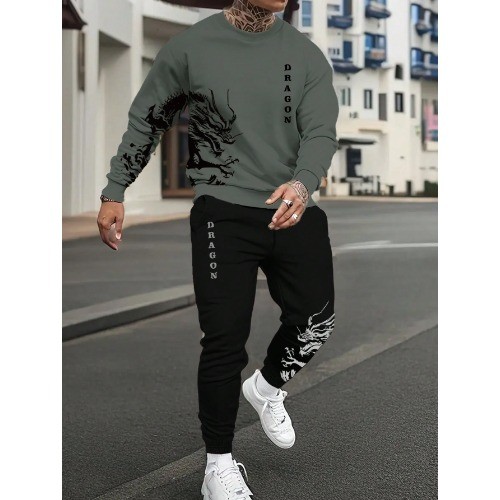 Conjunto De Duas Peças Com Blusa E Calça De Moletom Com Impressão De Dragão Chinês Para Homens lançamento exclusivo