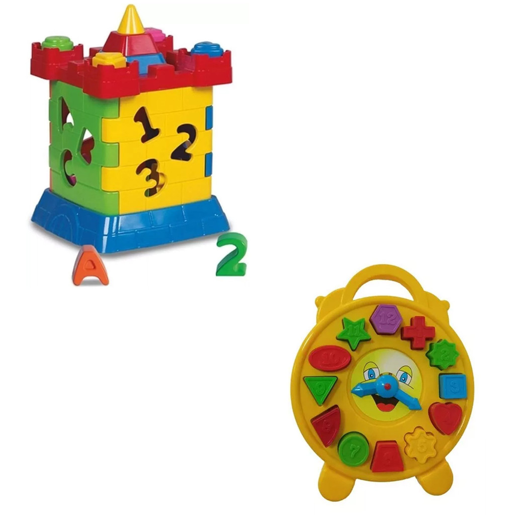Kit Castelinho + Relógio interativo Brinquedo Educativo Letras e Números Divplast