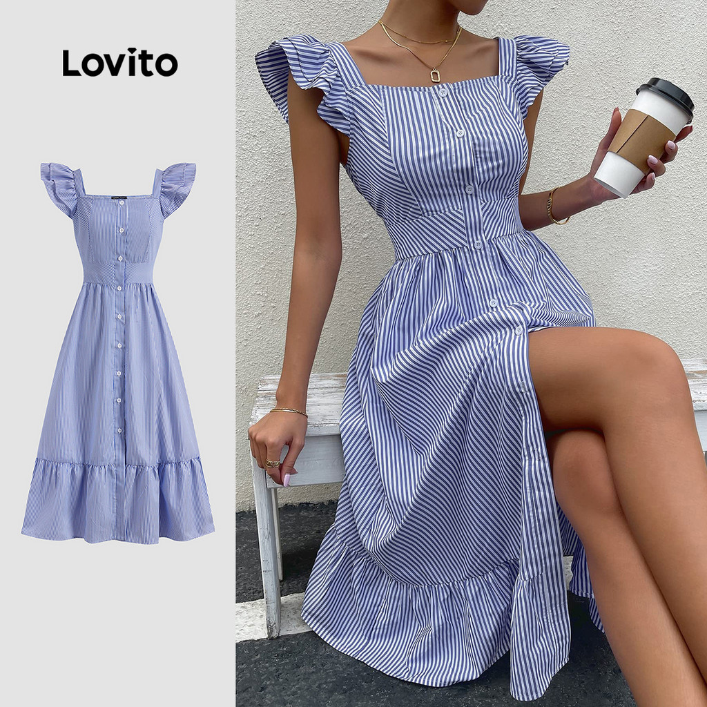 Lovito Vestido Casual Listrado Com Botões E Babados, Vestido De Verão/primavera Para Mulheres LBL22602