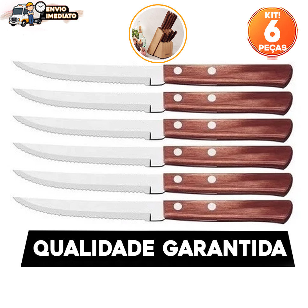 6 Facas Com Cabo Madeira Em Aço Inox Premium em Oferta na Shopee