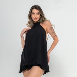 Vestido Macaquinho Feminino Soltinho Frente Única Gola Alta com Amarração Moda Elegante em Oferta na Shopee