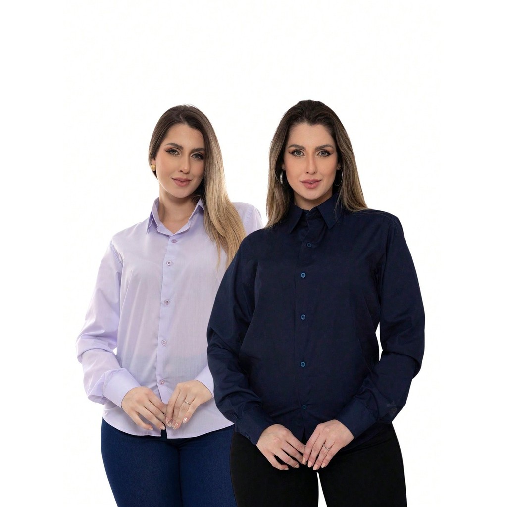 KIT Feminino 2 Peças - Camisa Social Manga Longa Slim Lisa Lilás e Camisa Social Manga Longa Slim Lisa Azul Marinho