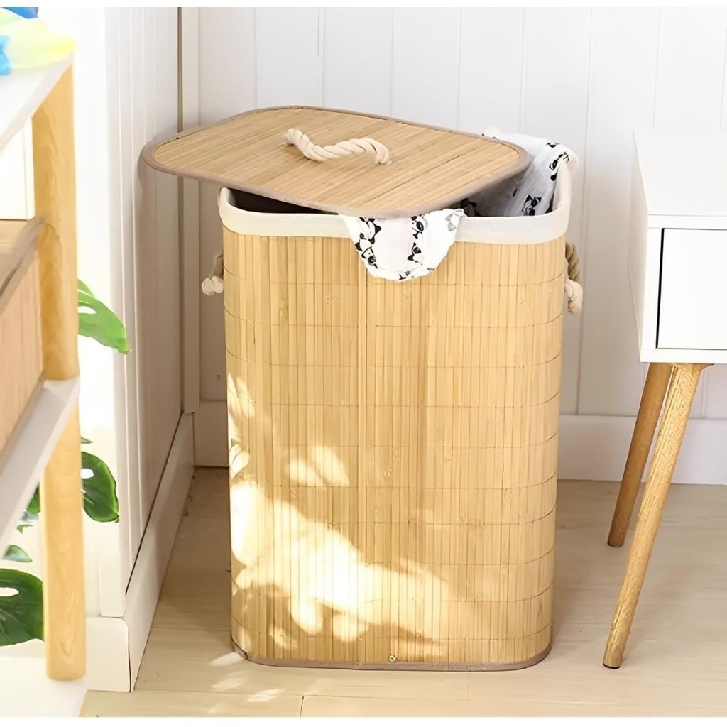 Cesto De Roupa Suja Bambu Dobravel Organizador Com 60L Forrado Banheiro 60cm Grande Cesto Retangular Top