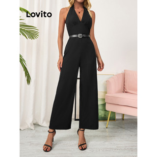 Lovito Elegante Macacão Feminino Liso Alinhado com Costas Abertas e Fecho Traseiro LBL09165