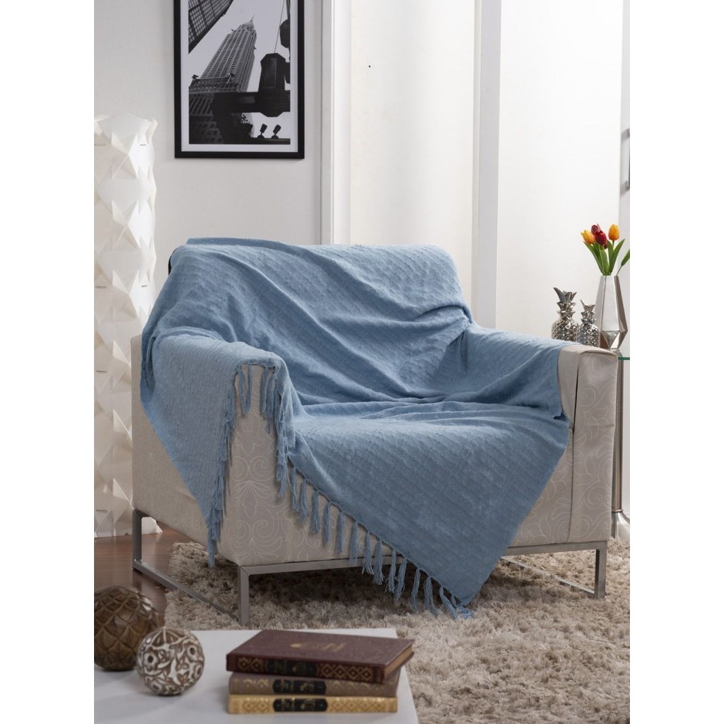 Manta Para Sofá Italiana 100% Algodão Azul em Oferta na Shopee