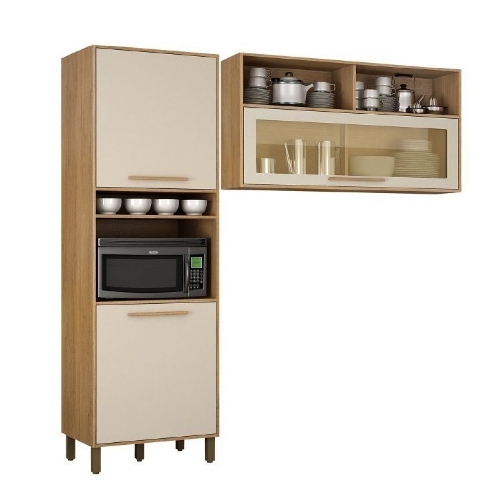 Kit Paneleiro com Nicho 2 Portas e Armário Aéreo 120cm com Vidro Salvador em Oferta na Shopee