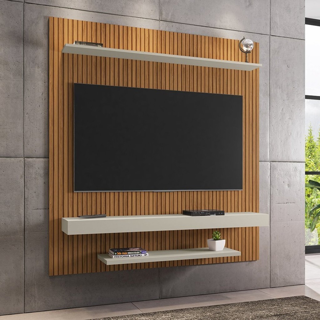 Painel para TV Até 60 Polegadas 2 Prateleiras Ripado Impressão Leme Móveis Bechara Ripado/Off White - Home & Living