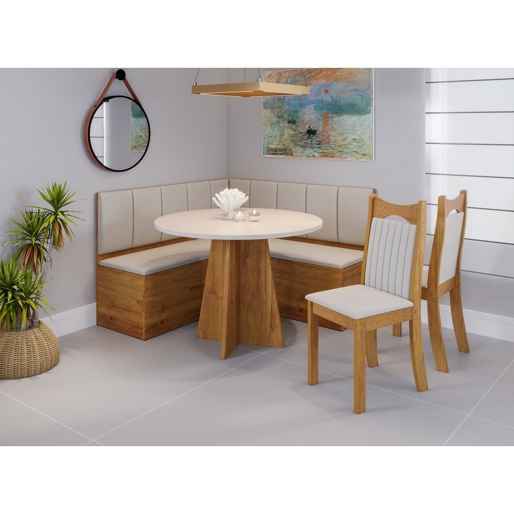 Canto Baú Nova York com 1 Mesa Redonda e 2 Cadeiras Dalas Marfim/Mel em Oferta na Shopee