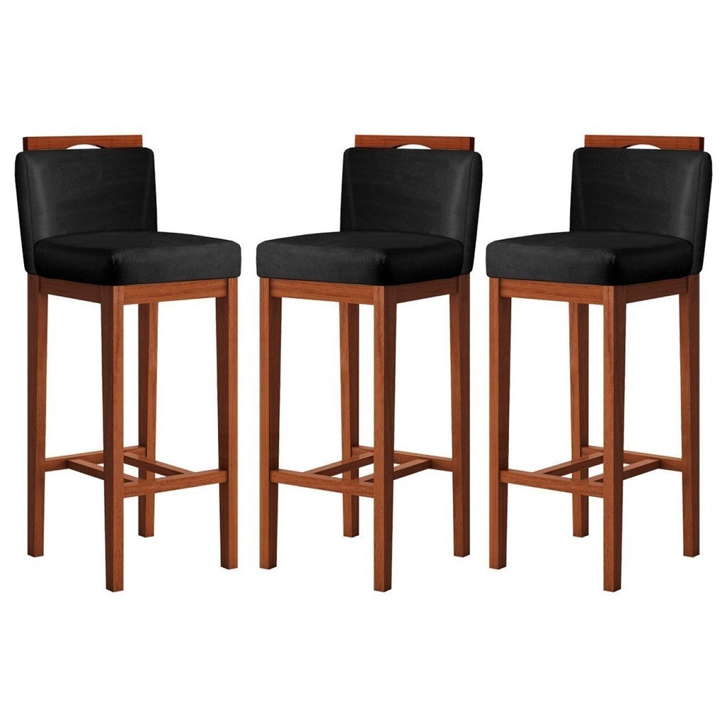 Conjunto 3 Banquetas Alta em Madeira Maciça Libéria  Pinhao/Preto - Home & Living