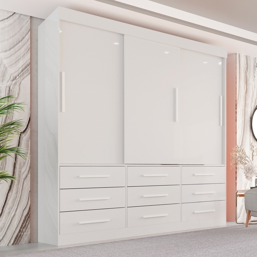Guarda-Roupa Casal 3 Portas 9 Gavetas Luana  Branco em Oferta na Shopee