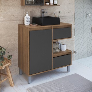 Gabinete para Banheiro 80cm 2 Gavetas 1 Porta 1 Nicho Paula Mel/Grafite em Oferta na Shopee